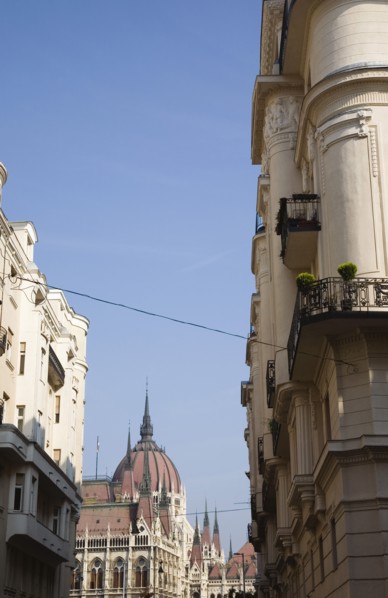Budapest, Pest County, Hungary. Art Nouveau era apartment facades with view towards the Hungarian
