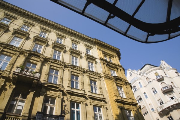 Budapest, Pest County, Hungary. Art Nouveau era apartment exterior facades. Hungary Hungarian