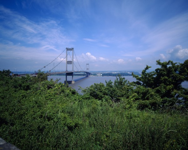 The old Severn Bridge with trees and grasses in the foreground Scenic