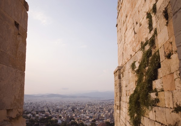 Athens, Attica, Greece. Acropolis Propylaea gate and view over city looking north. Greece Greek