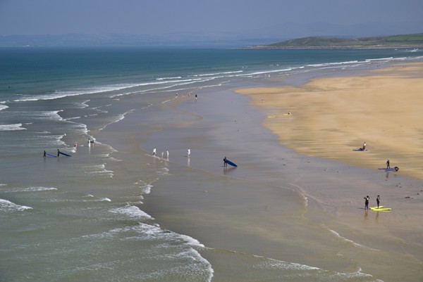 Bundoran, County Donegal, Ireland. Tullan Strand beach with surfers. Ireland Irish Eire Erin Europe