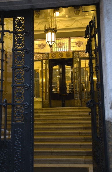 Budapest, Pest County, Hungary. Art Nouveau apartment building entrance. Hungarian Europe European