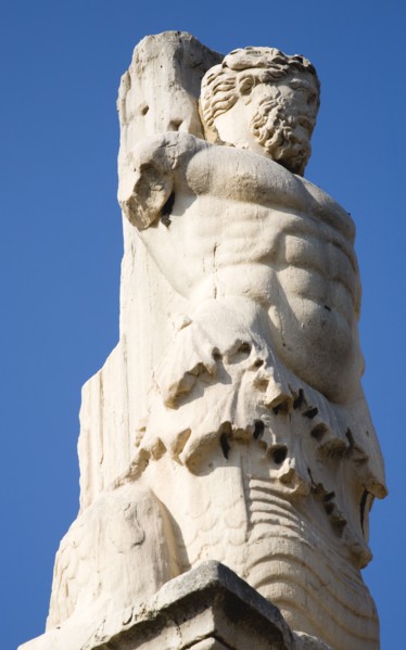 Athens, Attica, Greece. Ancient Agora. Giants statue cropped view of classical male figure with