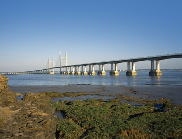 Wales, Suspension, Bridges. New M4 motorway bridge over the River Severn from Sudbrook in