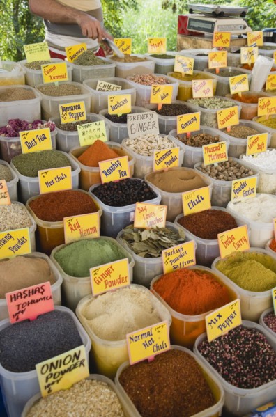 Kusadasi, Aydin Province, Turkey. Stall at weekly market selling spices and chili powders in