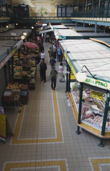 Budapest, Pest County, Hungary. Central aisle at Nagy Vasarcsarnok the Central Market. Hungary