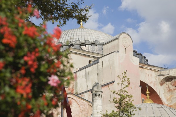 Istanbul, Turkey. Sultanahmet. Hagia Sophia Part view of exterior facade and domed roof with red