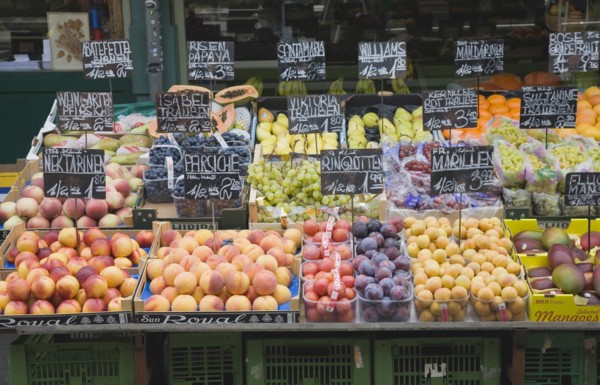 Vienna, Austria. The Naschmarkt. Display of fresh fruit for sale on market stall including