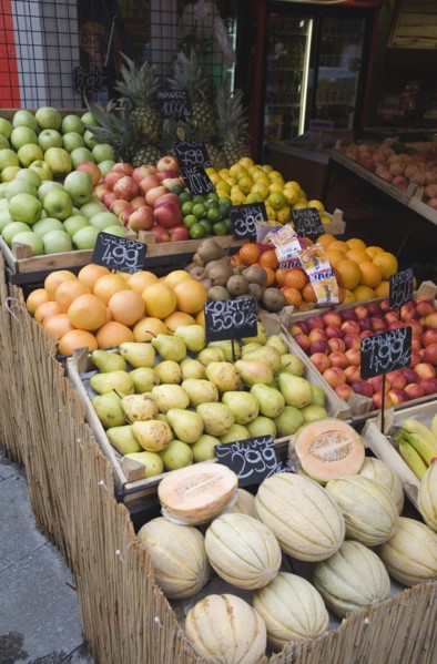 Budapest, Pest County, Hungary. Fruit stall at the rail terminus Budapest Nyugati palyaudvar.