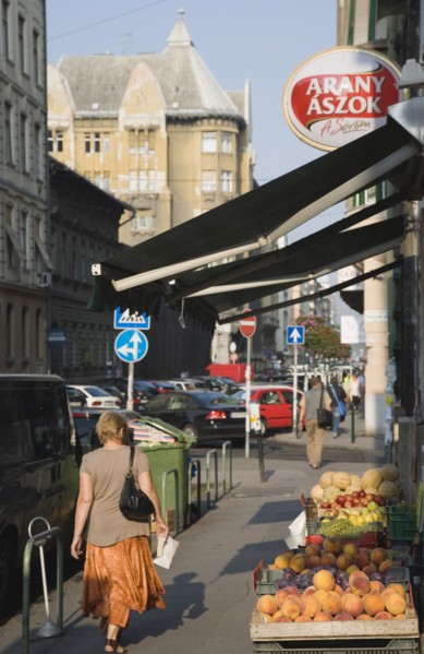 Budapest, Pest County, Hungary. Woman walking past local grocer and fruit display under black