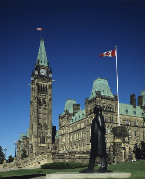 Ottawa, Ontario, Canada. Parliament building with green roof and flags flying. Canada Canadian