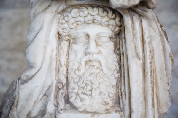 Athens, Attica, Greece. Carved bearded head thought to be that of Zeus King of the Gods the ruler