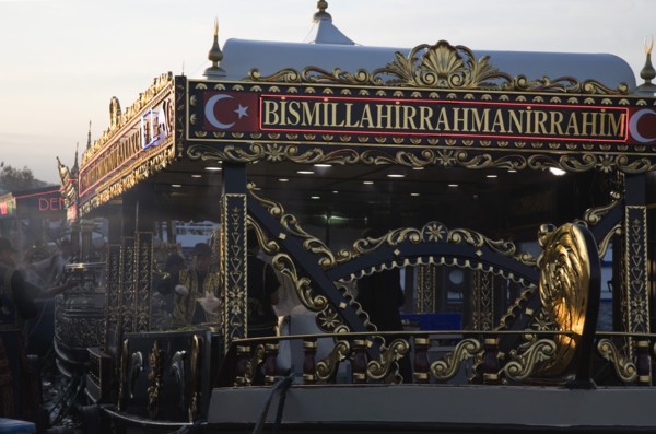 Istanbul, Turkey. Sultanahmet. Traditional fish restaurant boat on the Golden Horn adjacent to