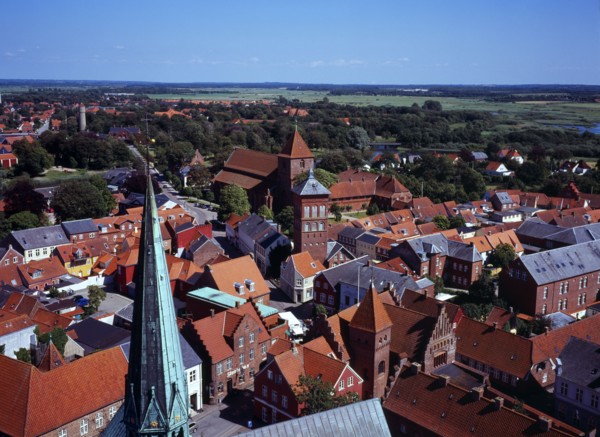 Denmark, Jutland, Ribe, View north-east over city rooftops from the twelth century Domkirke tower.