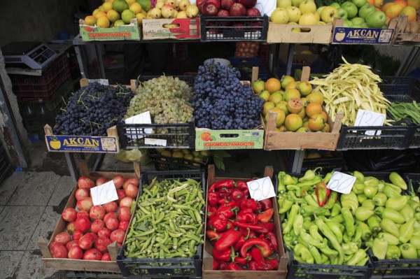Albania, Tirane, Tirana, Grocers stall in Avni Rustemi Market with fruit and vegetable display