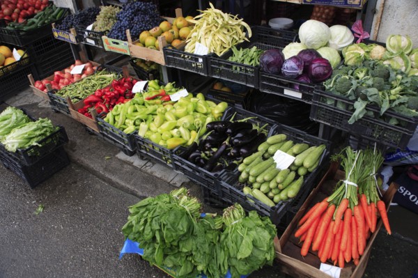 Albania, Tirane, Tirana, Display of fruit and vegetables at grocers stall in the Avni Rustemi