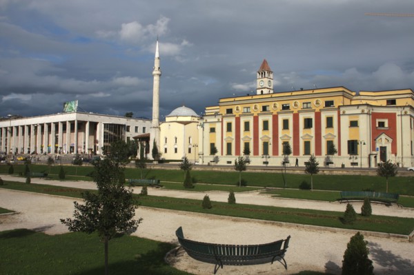 Albania, Tirane, Tirana, Exterior facade of government buildings  Ethem Bey Mosque and Opera House