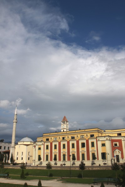 Albania, Tirane, Tirana, Exterior facade of government buildings and Ethem Bey Mosque on Skanderbeg