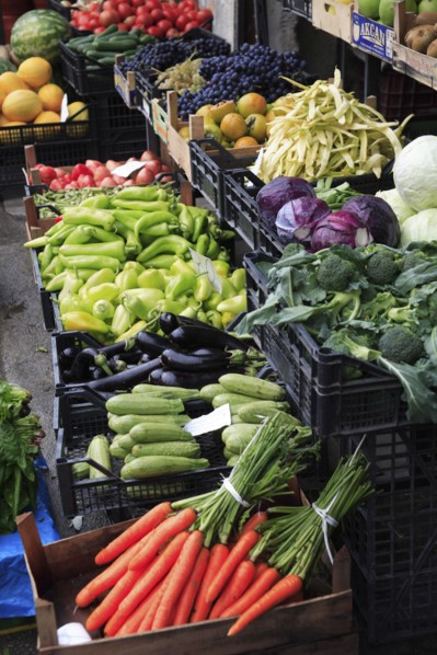 Albania, Tirane, Tirana, Grocers fruit and vegetable shop front in the Avni Rustemi market with