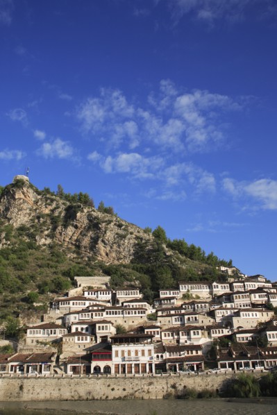 Albania, Berat, Traditional Ottoman buildings on hillside above the River Osum.