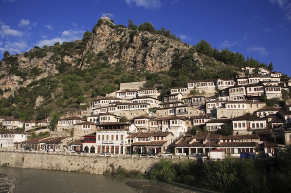 Albania, Berat, Traditional Ottoman buildings on hillside above the River Osum.