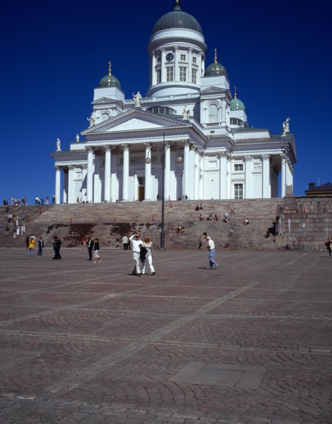 Finland, Helsinki, Senate Square and Lutheran Cathedral.  White exterior facade in neo-classical
