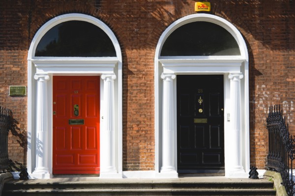 Ireland, County Dublin, Dublin City, Red and black Georgian doors in the city centre south of the