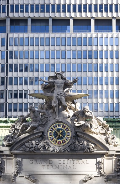 USA, New York, New York City, Sculpture by Jules-Alexis Coutans of Mercury  Hercules and Minerva on