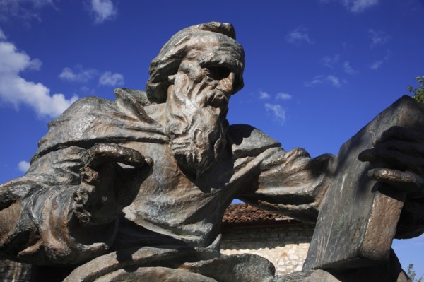 Albania, Berat, Portrait statue of Onufri  sixteenth century painter of Byzantine style icons in