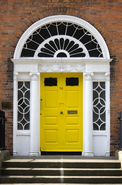 Ireland, County Dublin, Dublin City, Yellow Georgian door in the city centre south of the Liffey