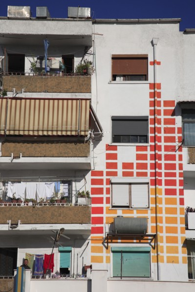 Albania, Tirane, Tirana, Detail of exterior facade of apartment block with pattern painted on walls