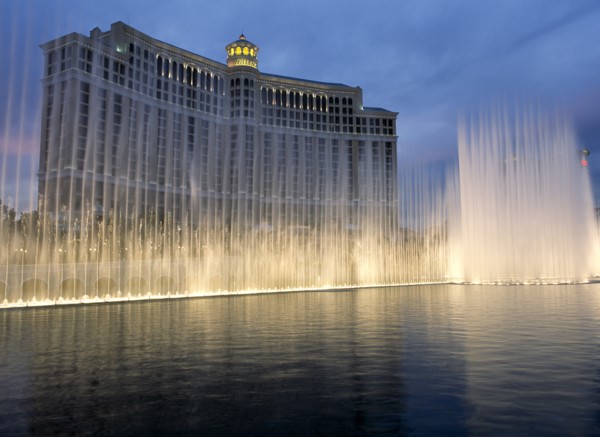 USA, Nevada, Las Vegas, Bellagio hotel and casino on the strip with fountain display in the