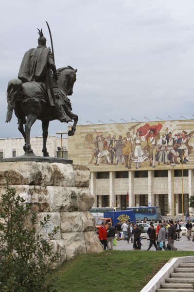 Albania, Tirane, Tirana, Equestrian statue of George Castriot Skanderbeg in busy Skanderbeg Square