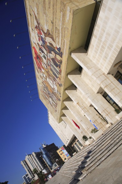Albania, Tirane, Tirana, National History Museum. Angled view of exterior facade and entrance to
