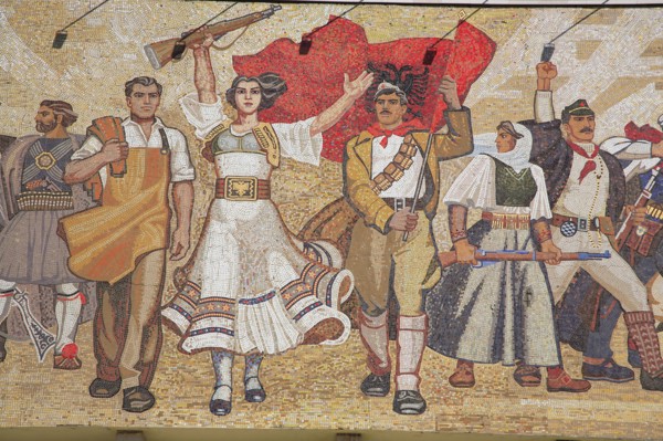 Albania, Tirane, Tirana, National History Museum. Detail of mosaic on the exterior facade of the