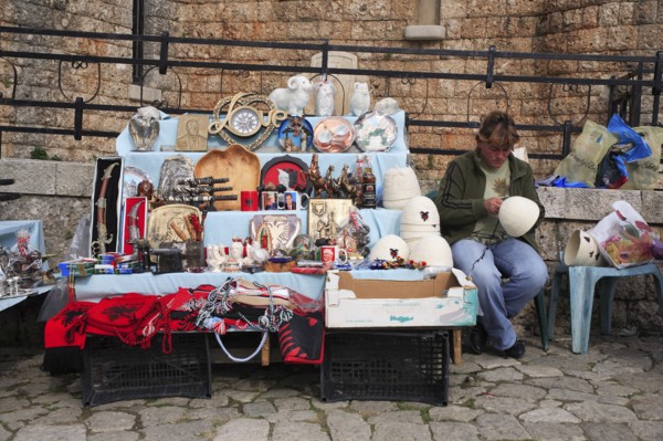 Albania, Kruja, Souvenir stall in the old town.