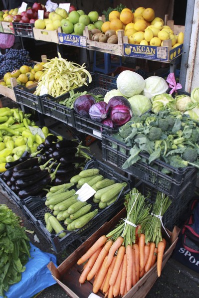 Albania, Tirane, Tirana, Display of fruit and vegetables including carrots  aubergine and cabbage