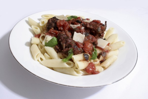 Food, Cooked, Pasta, Italian baked meat balls with black olives  basil and parmesan cheese served