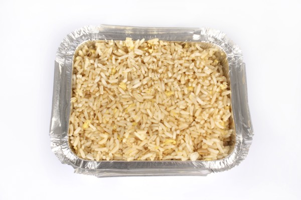 Food, Cooked, Rice, Take away Chinese egg fried rice in tin foil container.