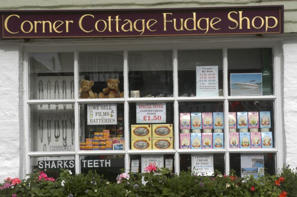 England, Cornwall, Polperro, Corner Cottage Fudge Shop window display