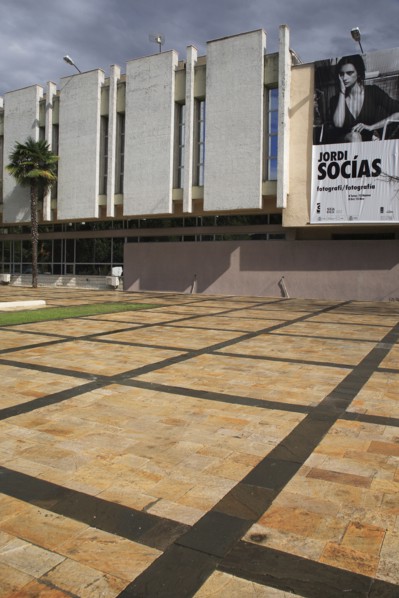 Albania, Tirane, Tirana, National Art Gallery exterior facade with advertising for photography