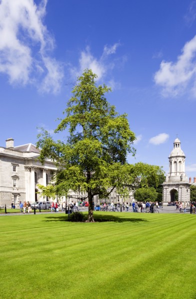Ireland, County Dublin, Dublin City, Trinity College university with people walking through