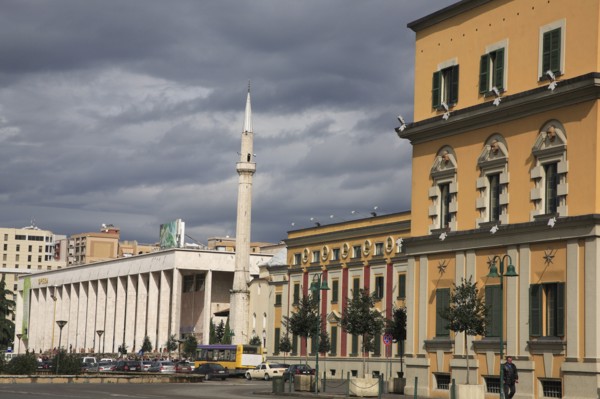 Albania, Tirane, Tirana, Opera House  Ethem Bey Mosque and government buildings in Skanderbeg