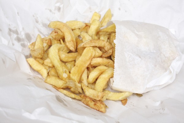 Food, Fast Food, Fish and Chips, Deep fried potato chips bought from Fish and Chip Shop  still in