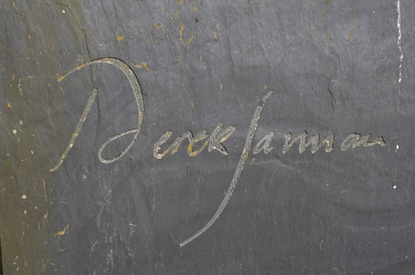 England, Kent, Romney Marshes, Old Romney  Detail of Derek Jarmans modern headstone the graveyard