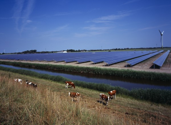 Germany, Schleswig -Holstein, Environment, Field of solar panels on the north-west coast with