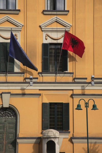 Albania, Tirane, Tirana, Detail of exterior facade of government buildings in Skanderbeg Square