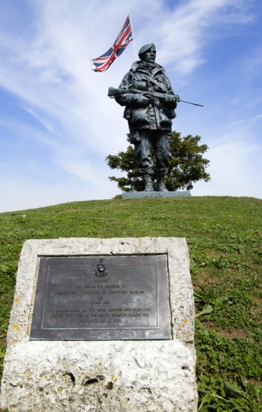 Royal Marines Museum on Southsea seafront with bronze sculpture Yomper by Philip Jackson modelled
