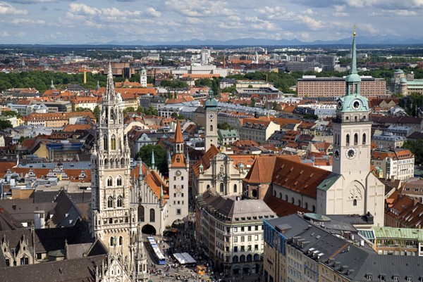 Marienplatz. Aerial view of the New Town Hall or Neues Rathaus built 1867-1908 designed by Georg