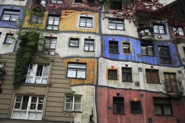 The Hundertwasser-Krawinahaus part view of exterior facade of apartment building. Photo: Bennett